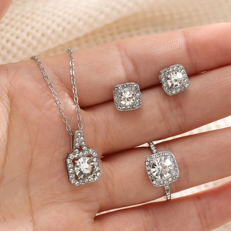 Jewelry Set Including a Sparkling Necklace, Earrings, And a Ring