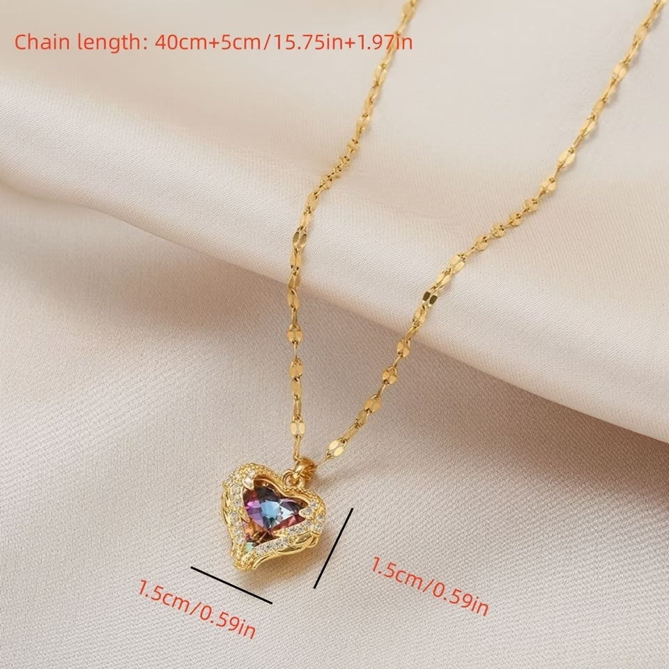 American Cross-Border Ocean Heart Colorful Water Golden Pendant Necklace for Women, Elegant Clavicle Chain